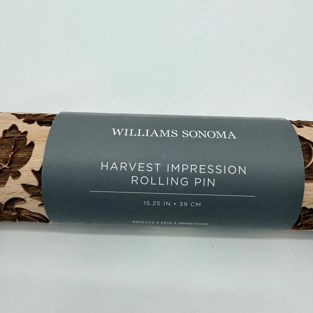 Williams Sonoma Rolling Pin Harvest Impression Wood Brown Leaf Pattern 15.25in